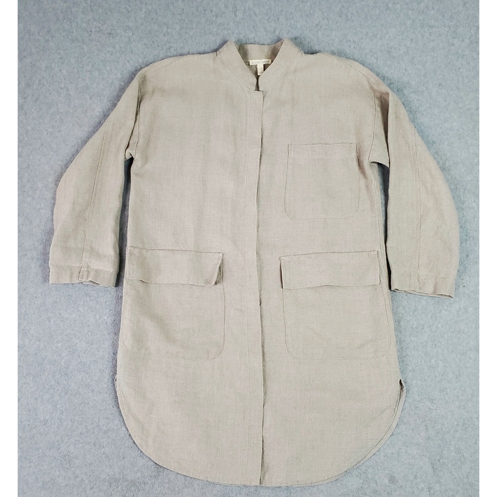 Eileen Fisher Organic Linen Coat Womens XS Mandarin Collar Jacket Snap Front Tan